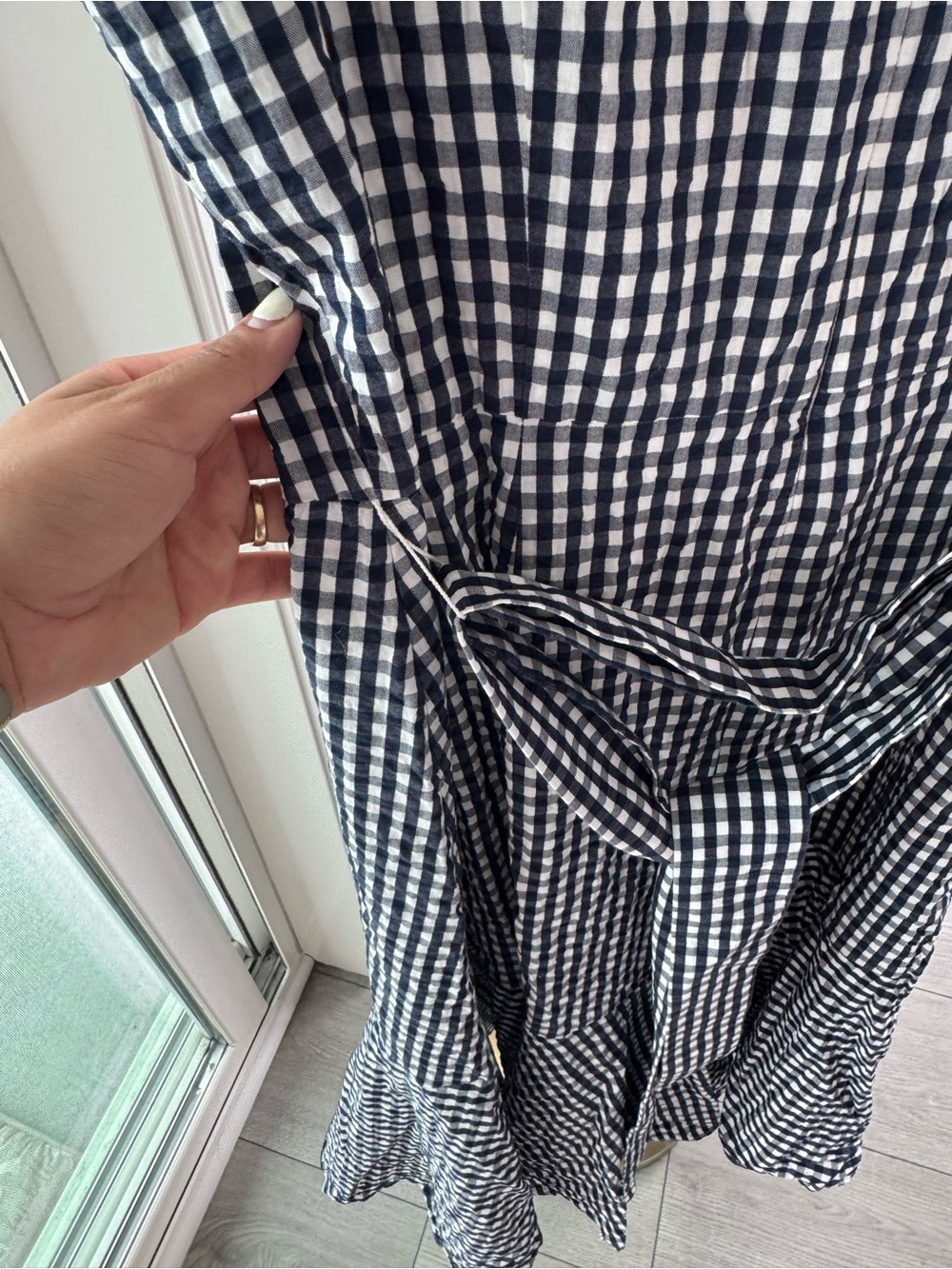 J. Crew Blue and White Gingham Midi Dress with Fluted Hem | 12T - Picture 7 of 9